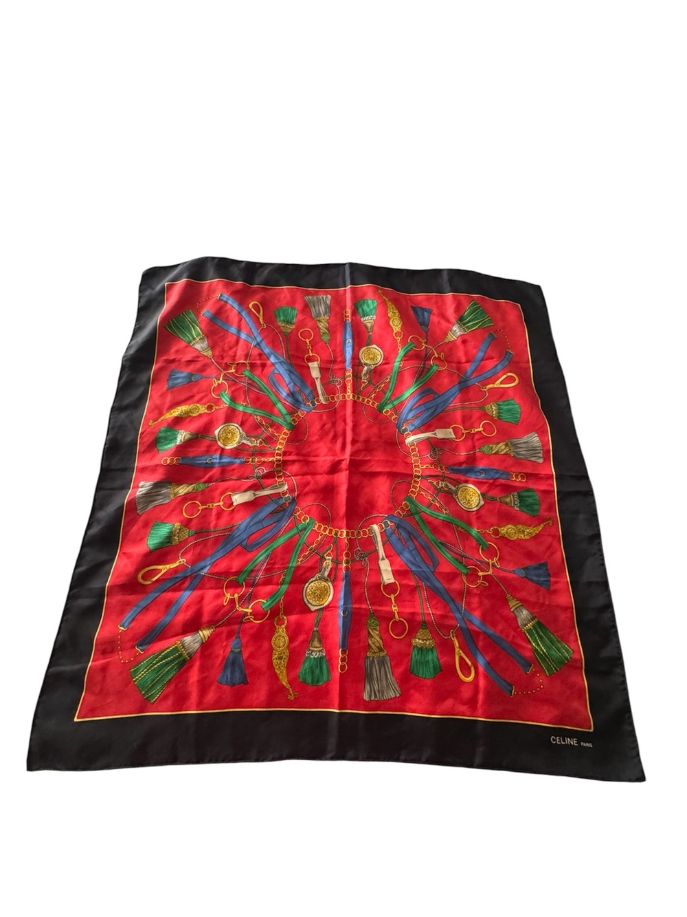 Celine Red Silk Scarf with Black Border and Multicolor Tassels